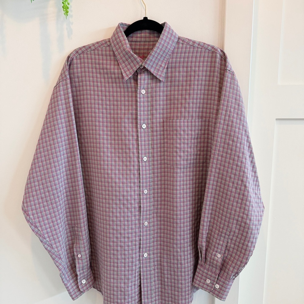 Bugatchi Uomo Men's Button Down Pink Checkered Long Sleeve Shirt Size Large - Picture 2 of 11
